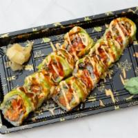 Dragon Roll · Spicy salmon, cucumber, topped with avocado, sweet and spicy sauce.