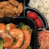 Juicy Shrimp Bento Box · with Juicy Shrimp,Broccoli,Spicy Crab Meat,Fried Crab stick,Cherry Tomato,White Rice.