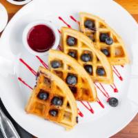  Belgian Waffle · Belgian waffle, mascarpone, blueberries
and rhubarb syrup