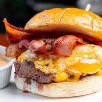 Hangover Burger · Bacon, egg, American cheese, 
Sauce 45, on a brioche bun