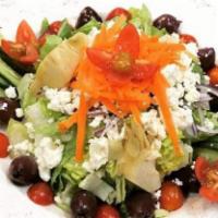 Greek Salad · Chopped romaine, onions, kalamata olives, grape tomato, feta cheese, carrot and cucumbers wi...