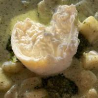 Popolari Gnocci · Homemade gnocci in pistachio basil pesto creme sauce | mini burrata.