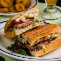 Grilled Chicken Torta · Grilled Chicken, black bean spread, chipotle mayo, lettuce, tomato and red onion.