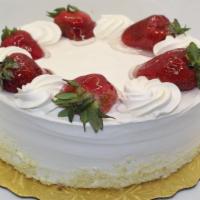 Round Strawberry Shortcake · Yellow Cake w/ Strawberry Filling w/ Whipped Cream Icing and Fresh Strawberries on top. Plea...