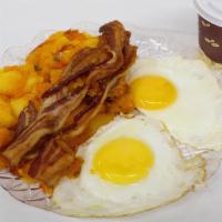 Homefries · w/2 eggs, toast, choice of bacon,sausage or ham,choice of 8 oz. reg. coffee or sm. reg.tea o...