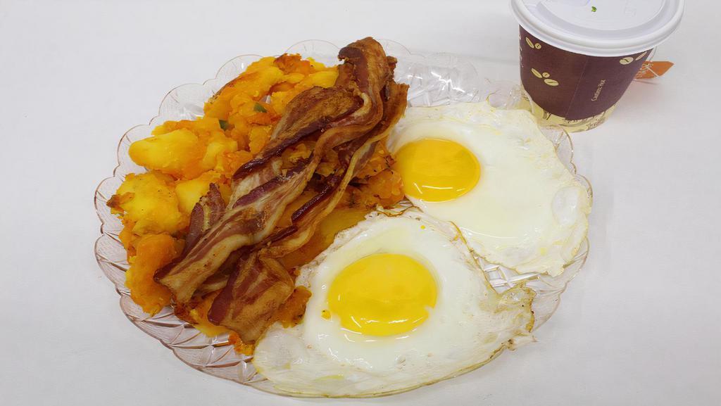 Homefries · w/2 eggs, toast, choice of bacon,sausage or ham,choice of 8 oz. reg. coffee or sm. reg.tea or sm. juice.