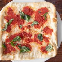 Grandma Pizza · square pizza, tomato sauce, fresh basil,
fresh cashew milk mozzarella