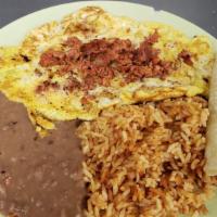 (D). Chorizo With Eggs Platter · Mexican sausage mix with eggs over rice and beans and two corn tortillas.