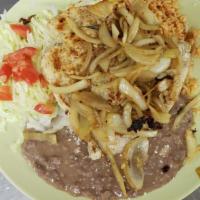 Bistec Encebollado · Grill steak with grill onions,rice,beans,salad & three corn tortillas