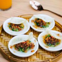 Banh Beo / Steamed Rice Cakes · Minced shrimp, scallion oil.