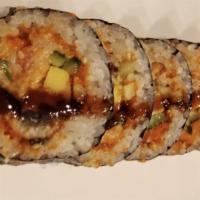 Dynamite Roll · shrimp tempura, spicy tuna, avocado, masago, crunch
