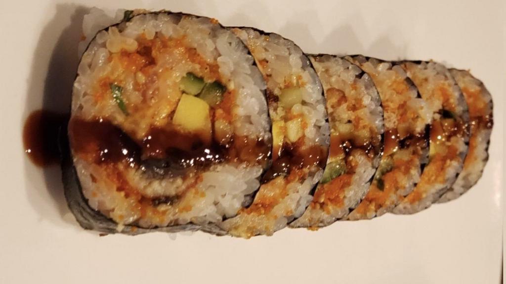 Dynamite Roll · shrimp tempura, spicy tuna, avocado, masago, crunch