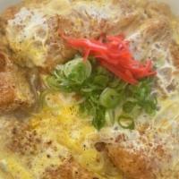 Katsu Don · Chicken Cutlet w dashi  & layer of egg custard - over rice.