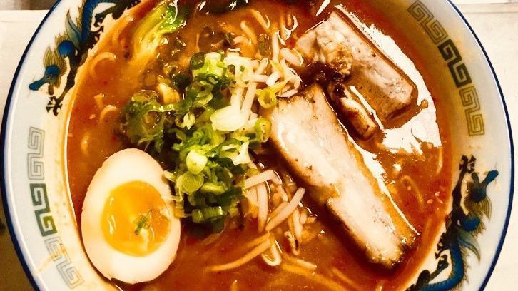 Spicy Miso Ramen · Chicken broth with miso paste, pork chashu, and thin wavy noodle.