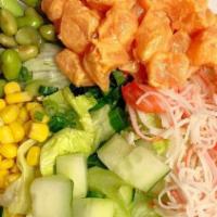 Spicy Salmon Orange Bowl · Spicy salmon, edamame, green onion, kani salad, sweet corn, and cucumber.