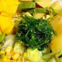 Hawaiian Vegetable Bowl · Mango, pineapple, avocado, edamame, seaweed salad, sweet corn, and cucumber.