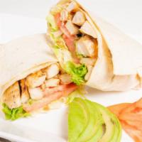 Grilled Chicken Avocado Wrap · Grilled chicken, avocado, lettuce, tomato, and chipotle mayonnaise on a wrap.