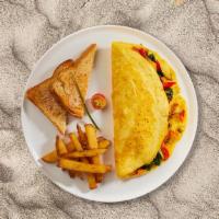 Vibrant Veggie Omelette · Eggs cooked with tomatoes, onions, mushrooms, peppers, and broccoli.  Served with toast and ...