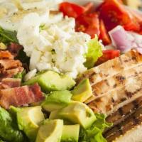 Chicken Cobb Salad - · Romaine, grape tomatoes, sliced egg, Gorgonzola cheese, applewood smoked bacon. Served with ...