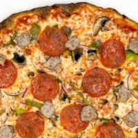 Supreme Pizza · Classic red sauce, shredded mozzarella, parmesan, sausage, pepperoni, red onions, mushrooms ...