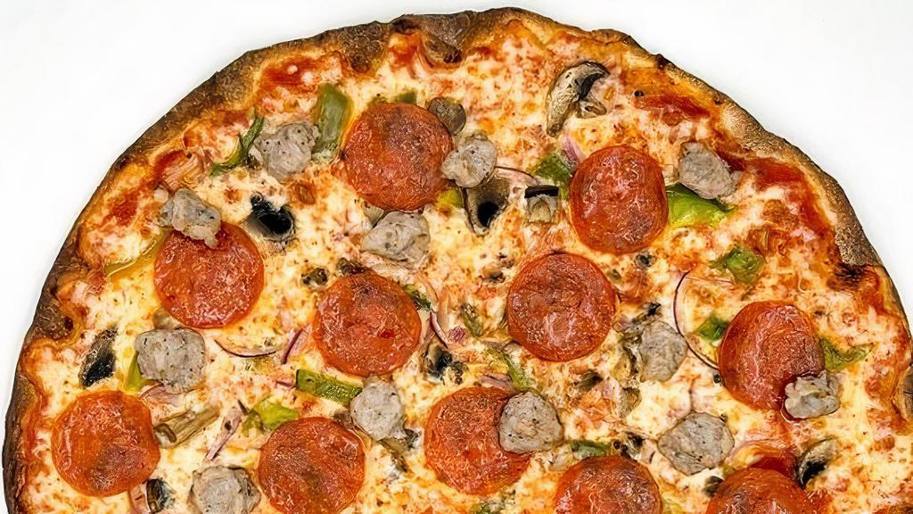 Supreme Pizza · Classic red sauce, shredded mozzarella, parmesan, sausage, pepperoni, red onions, mushrooms & green peppers