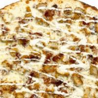 Chicken Bacon Ranch Pizza · Shredded Mozzarella, crispy chicken, Applewood smoked bacon, and ranch dressing.