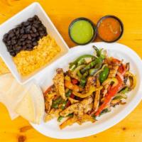Chicken Fajitas · Include; rice, beans, salsa & 4 corn tortillas on the side.