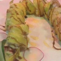 Golden Dragon Roll · Tempura shrimp, avocado, top mango, tobiko, eel sauce.