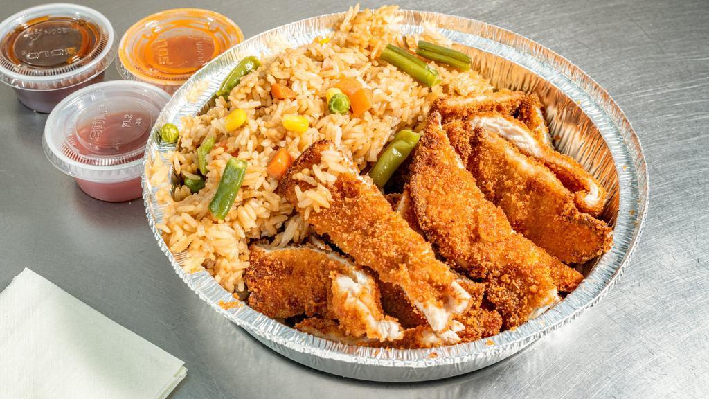 Chicken Cutlet With French Fries Or Rice · 1 piece of chicken cutlet cut into bite sized pieces served with french fries or fried rice