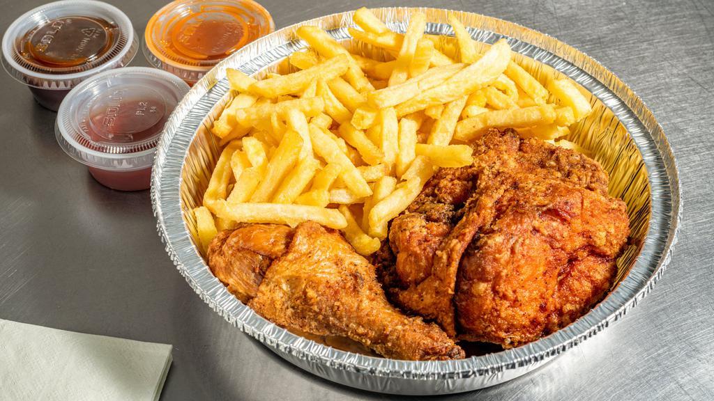 2 Piece Chicken With French Fries Or Fried Rice · 2 pieces of chicken served with french fries or fried rice