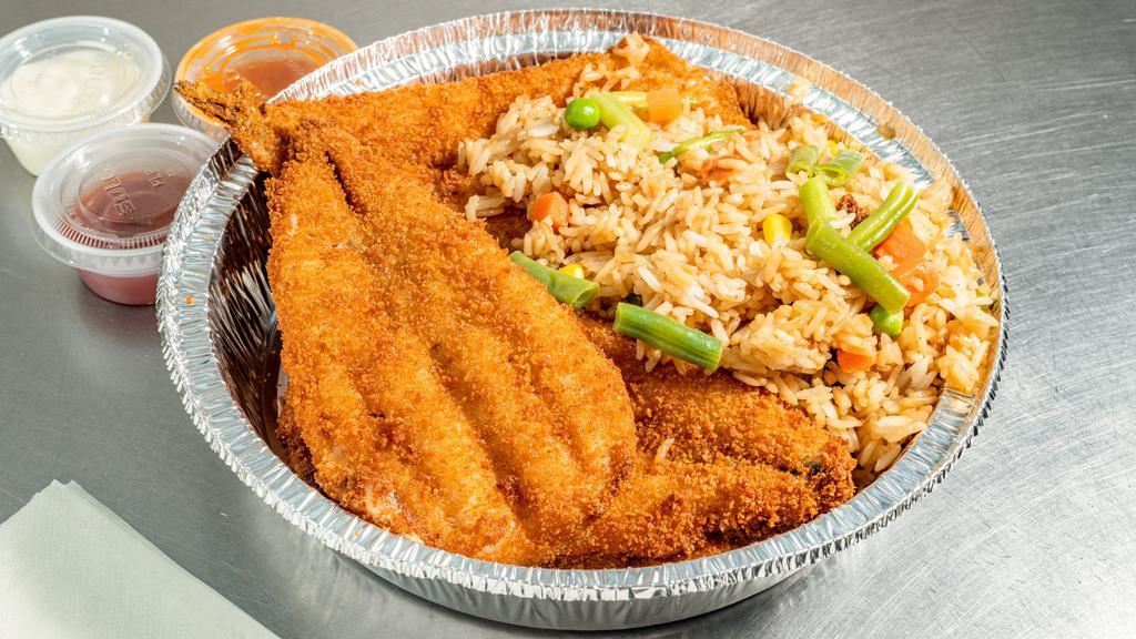 5 Piece Chicken With French Fries Or Fried Rice · 5 pieces of chicken served with french fries or fried rice