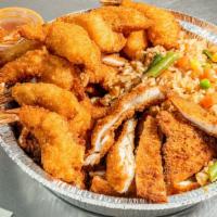 Chicken Cutlet With 10 Piece Shrimp Special · 1 piece of chicken cutlet cut into bite size pieces and 10 pieces of shrimp served with fren...