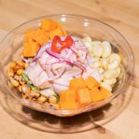 Pacifico Ceviche · Fish of the day, fresh lime & rocoto tiger with corn & sweet potato mousse