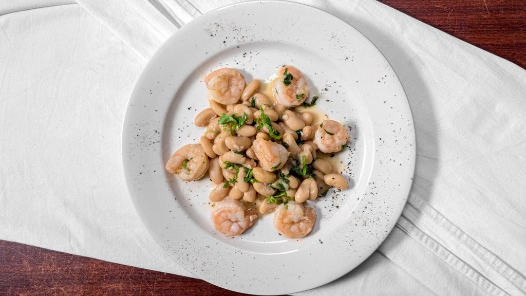 Fagioli E Gamberetti · White Beans and Shrimp Sautéed with Fresh Arugula in a White Wine Sauce.