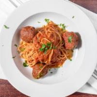 Spaghetti Con Polpettine · Meatballs, Basil and Fresh Tomato Sauce.
