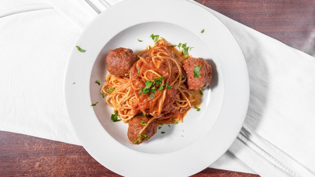 Spaghetti Con Polpettine · Meatballs, Basil and Fresh Tomato Sauce.
