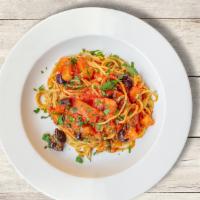 Spaghetti Rustici  · Capers, Gaeta Olives and Spiced Fresh Tomatoes.
