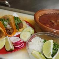 Birria · Famous Beef Soup consume accompanied by Beria tacos That is used to dip with