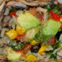 The Veggie Good Burrito · Seasoned rice, black beans, portobello mushrooms, sauteed peppers & onions, corn salsa, avoc...