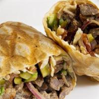Beef Wrap · Wrap (white), beef, pickle, fresh cucumber and tomato, cabbage, garlic and tomato sauce.