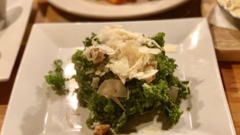 Organic Kale Caesar Salad · With white anchovies, garlicky Caesar dressing, herbed croutons, and shaved parmesan cheese. Add chicken, or steak for an additional charge.