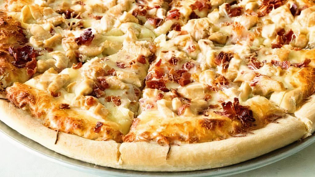 Chicken Bacon Ranch Pizza · Turkey bacon, Chicken, Mozzarella & Ranch dressing