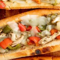 Grilled Chicken Cheesesteak · Hot. Grilled chicken, Green peppers,
Onions & American cheese