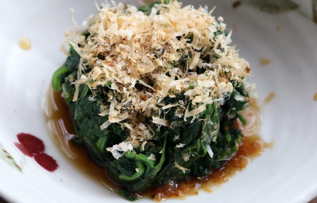 Ohitashi · Chilled spinach with bonito flakes.