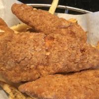 Chicken Fingers · Fried golden, honey mustard dipping sauce. Buffalo style available basket with french fries ...