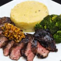 Mango Chimichurri Skirt Steak · With mashed potatoes and roasted brussell sprouts.