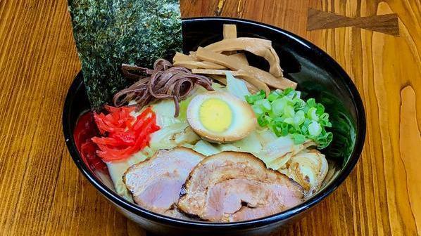 Spicy Yaki Ramen · No soup ramen. Sauted mix vegetables with concentrated pork bone broth and homemade spicy sauce. Cabbage with onion, bean sprouts, wood ear, bamboo, scallion, and egg. No noodle substitute.