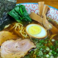 Chicken Shoyu Ramen · Chicken broth. Homemade soy sauce for soup, roasted pork belly, Chinese green, bamboo, scall...