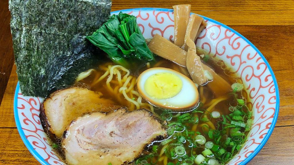 Chicken Shoyu Ramen · Chicken broth. Homemade soy sauce for soup, roasted pork belly, Chinese green, bamboo, scallion, and egg. Our ordinary noodles are made with flour and egg. It’s possible to change the ordinary noodles for gluten free bean noodle, we recommend reheating.