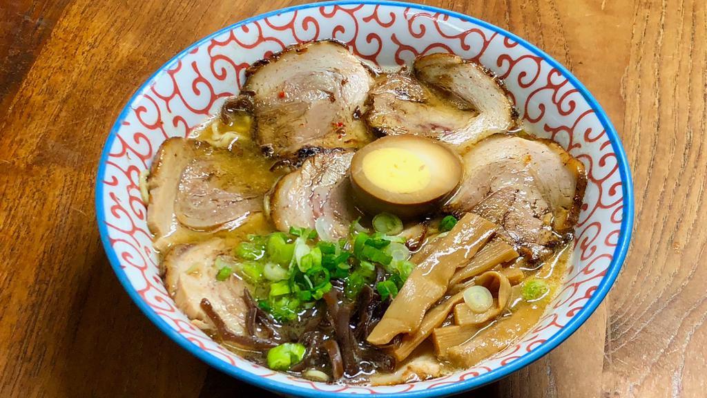 Chicken Sio Chashumen · Chicken broth, salt sauce. Extra roasted pork belly, wood ear, bamboo, scallion, and egg. Our ordinary noodles are made with flour and egg. It’s possible to change the ordinary noodles for gluten free bean noodle, we recommend reheating.
